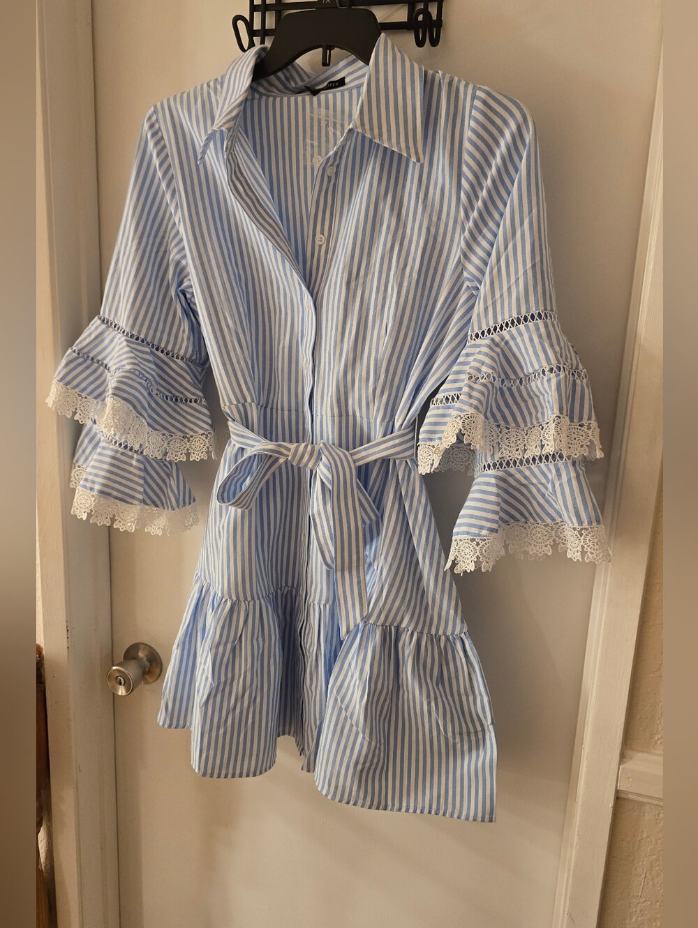 Women's Blue & White Striped Tie-Waist Dress with Lace Trim